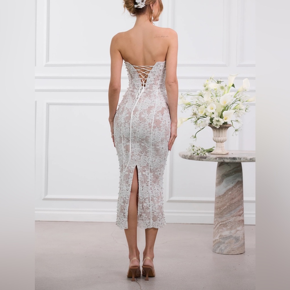 V. Chapman Strapless Lace Midi Dress in White - Picture 3 of 8